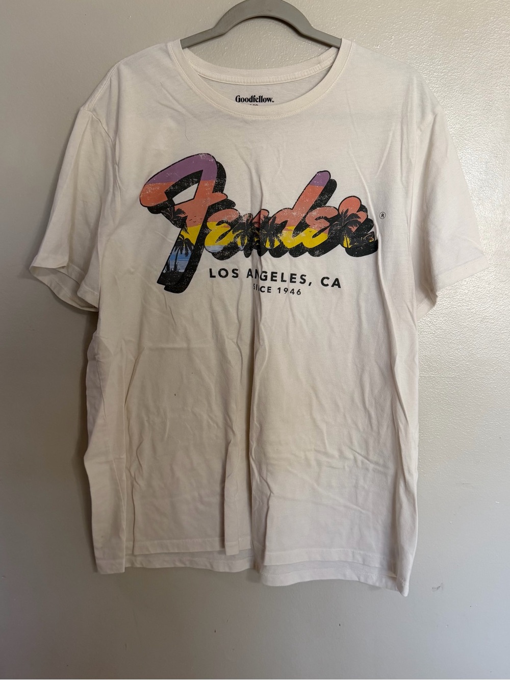 Fender White Tee with Multicolor Sunset Logo